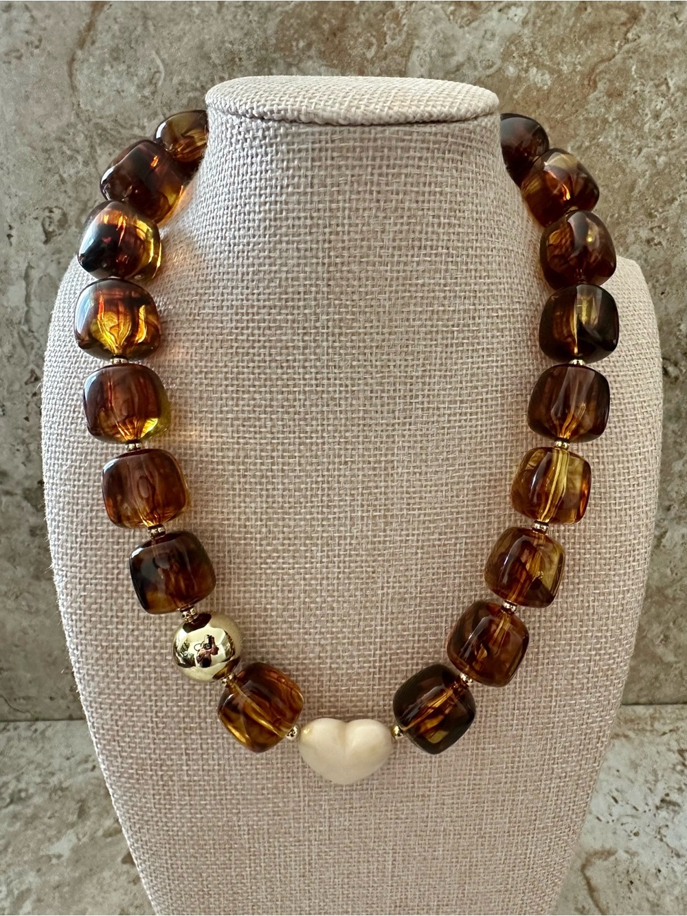 Mayamar Amber Heart Necklace 18K Gold Plated Chunky Beaded NWT